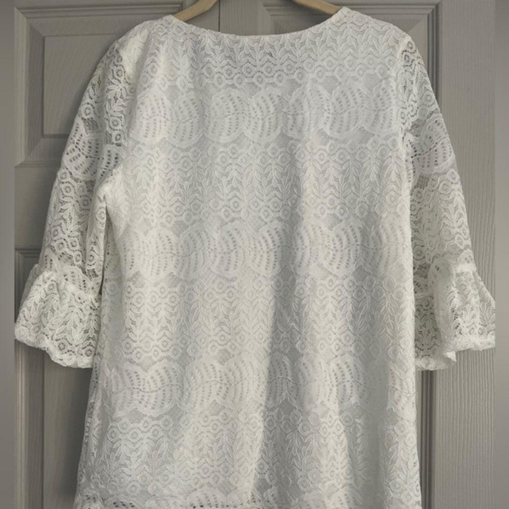 Adrianna Papell White Lace 3/4 Sleeve Knit Blouse Work Office Top Size Small NWT - Picture 4 of 7
